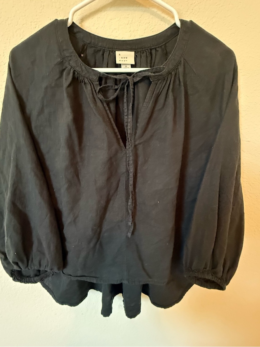 A New Day Black Linen Blend Peasant Blouse Women’s Small Boho Tie Neck Top